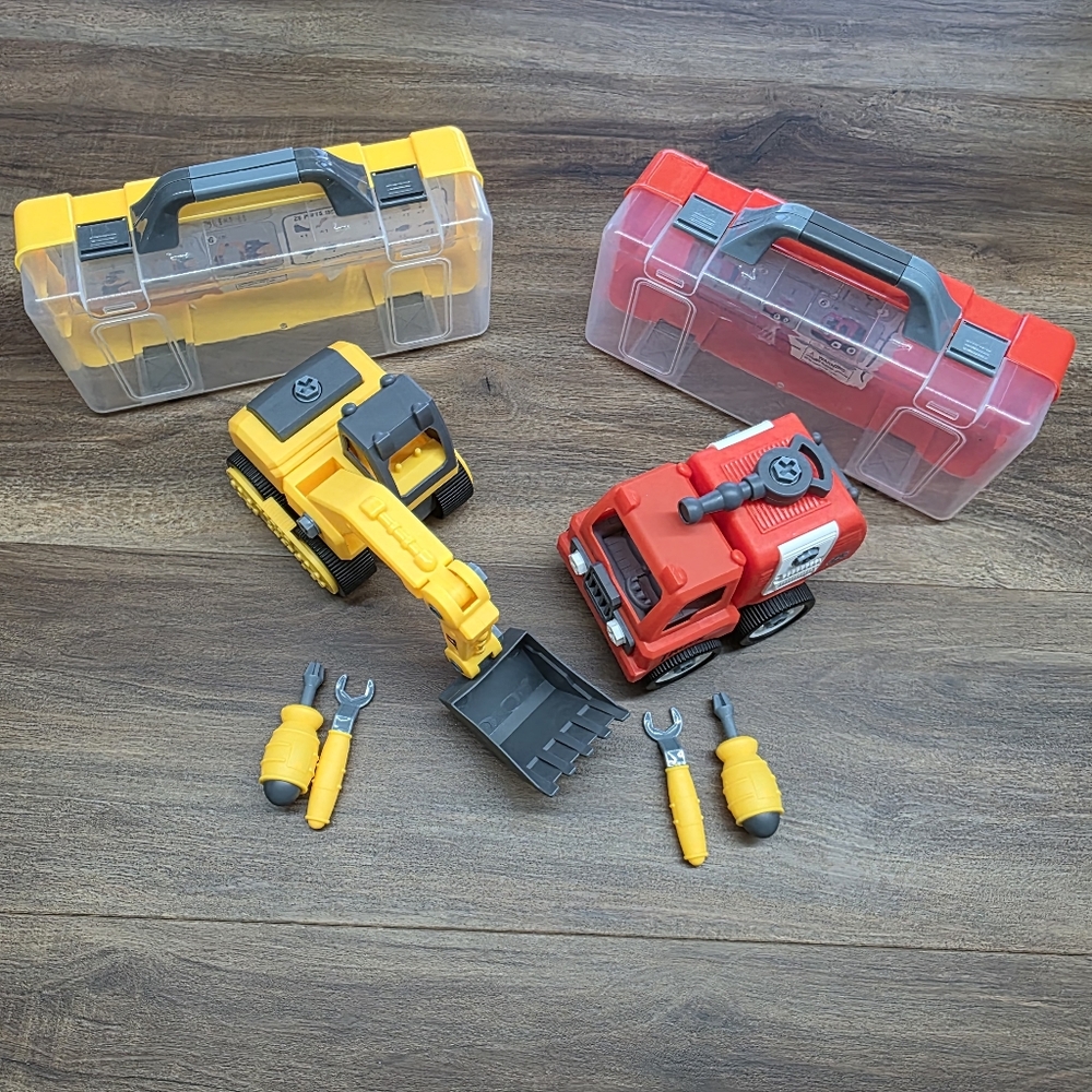 Set of Two DIY Build an Excavator and Firetruck Toys with Tools & Storage Boxes